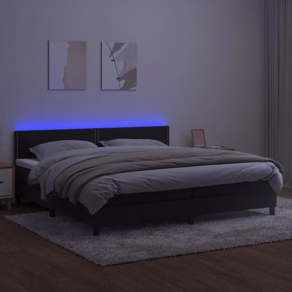 The Living Store Letto a molle con materasso e LED nero 200x200 cm in velluto