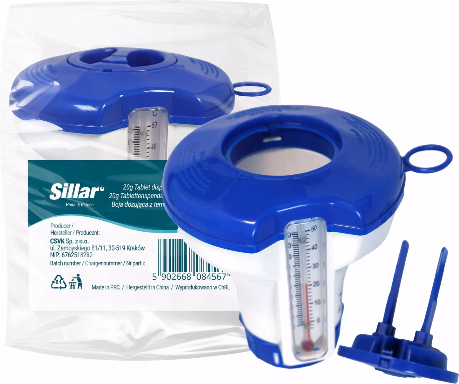 Galleggiante dosatore Sillar con termometro – Dosatore di cloro per piscina per pastiglie da 20 g con regolatore di portata