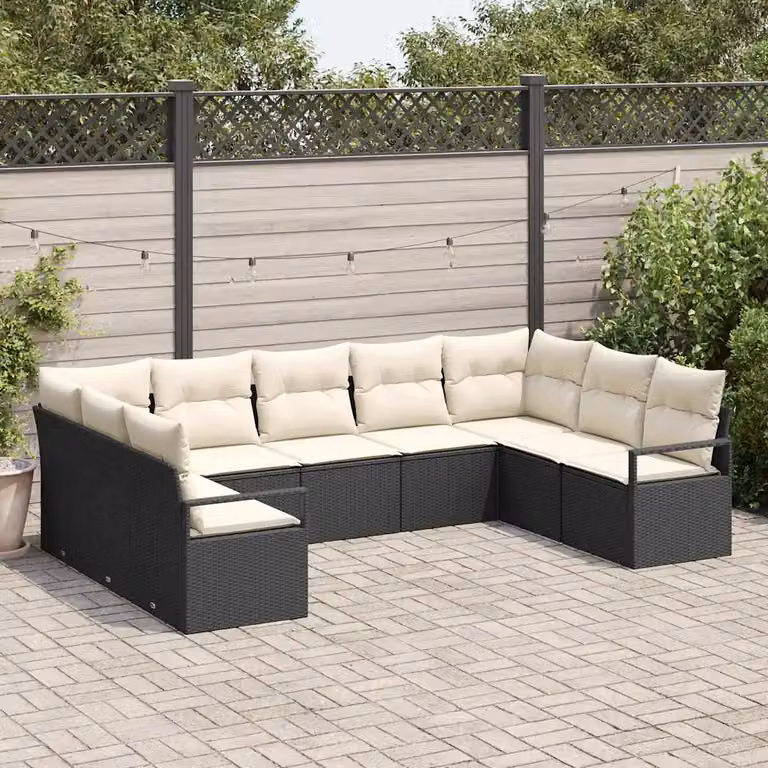Set di divani da giardino a L vidaXL in polyrattan nero con cuscini beige, composto da 9 pezzi con tavolino e pouf