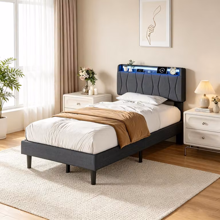 Letto con boxspring INONEFT, letto imbottito 90x200 con LED e stazione di ricarica, letto con spazio contenitivo sotto, letto per ragazzi, struttura letto con rete a doghe, grigio, lino