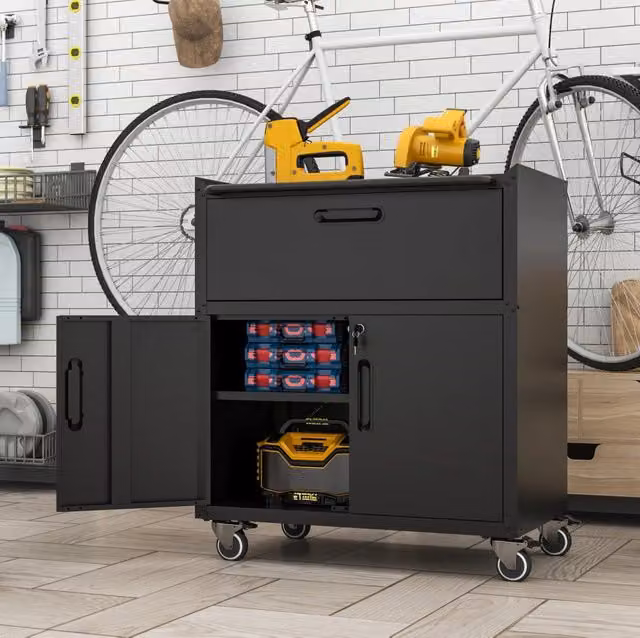 Armadio porta attrezzi su ruote 75x42x88 cm in metallo nero, 1 cassetto, garage –