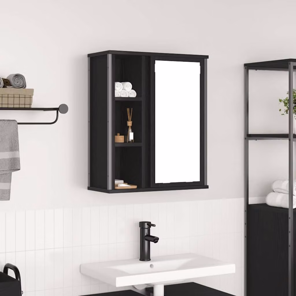 Pensile da bagno con specchio vidaXL in rovere nero con ante a cerniera e ripiani interni, L: 50 cm, P: 20 cm, H: 60 cm