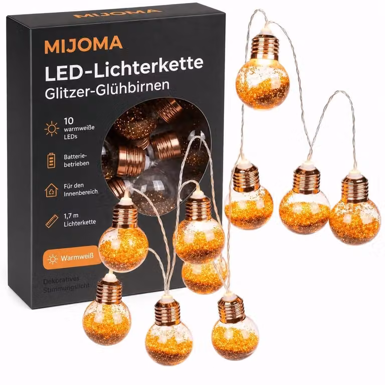 Catena luminosa a LED con 10 lampadine scintillanti a luce calda, lunghezza 1,7 metri, alimentazione a batteria