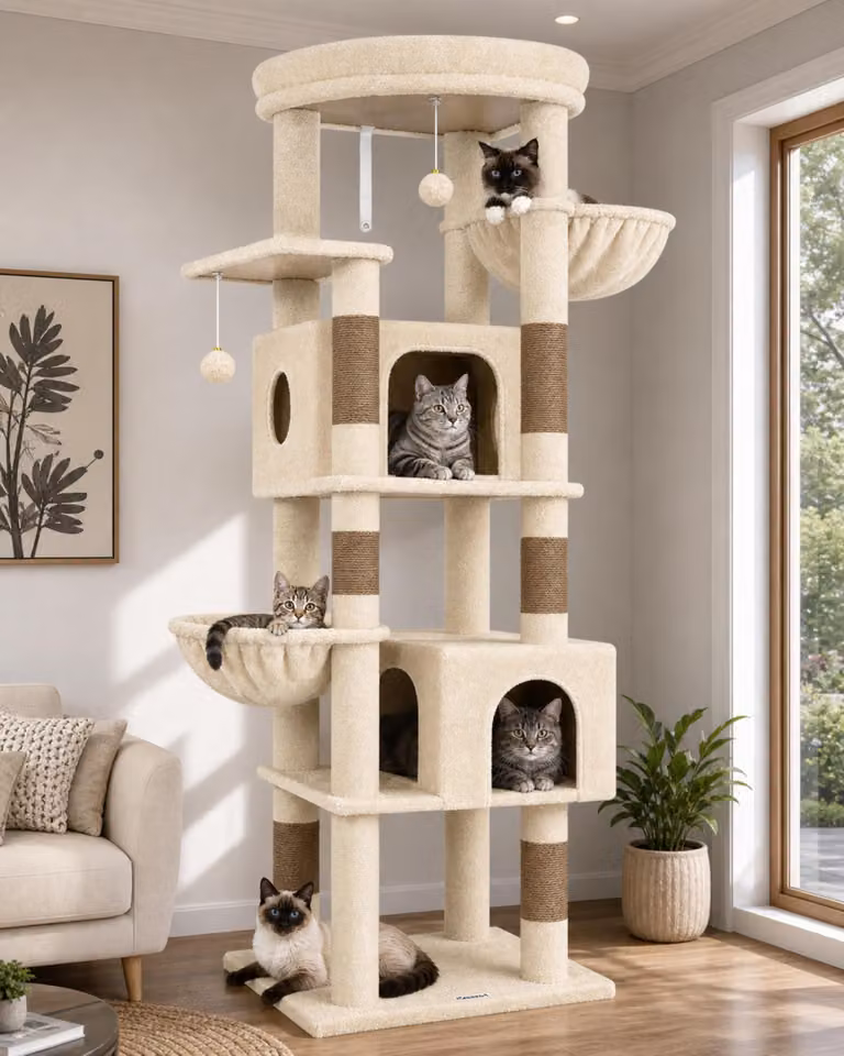 Cat tree color beige, altezza 188 cm, dotato di 2 casette, piattaforme imbottite, giocattoli in peluche, adatto a gatti di grossa taglia a partire da 5 kg