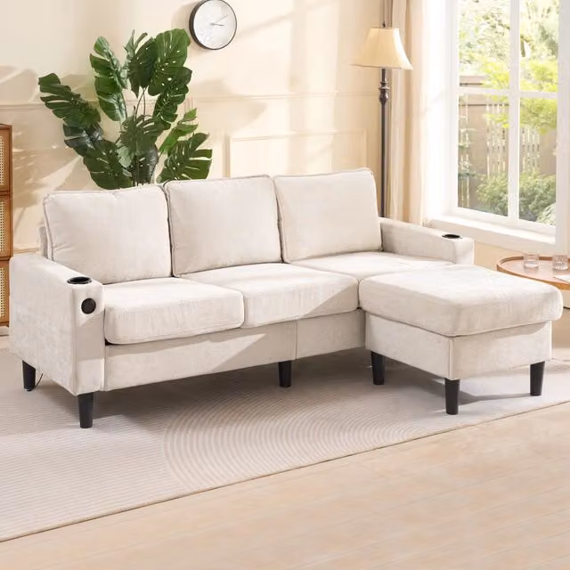 Divano 3 Posti Beige a Forma di L in Lino con Pouf e Porte USB