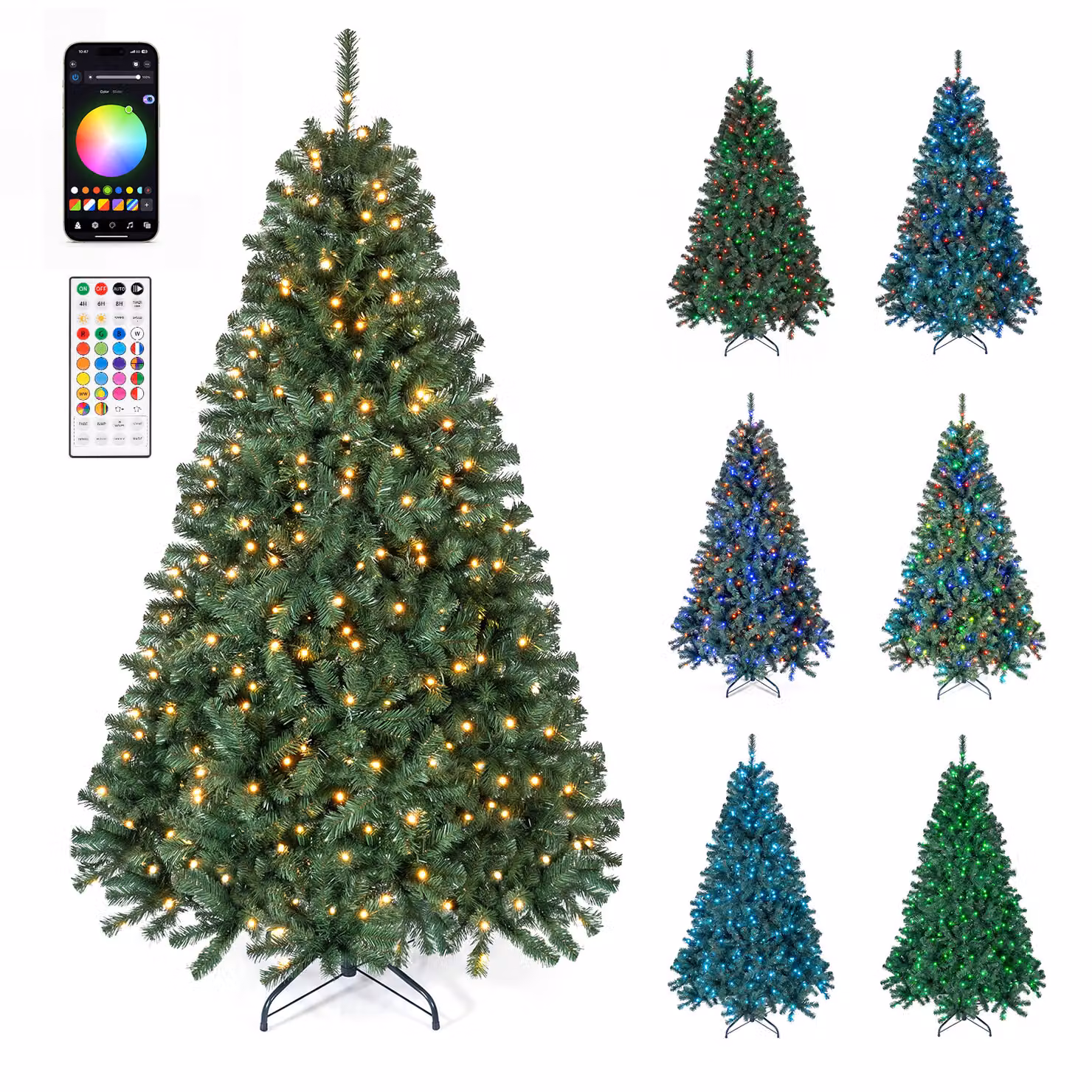 Costway Albero di natale artificiale con 300 luci led base pieghevole, Albero di natale folto luminosità e modalità regolabili