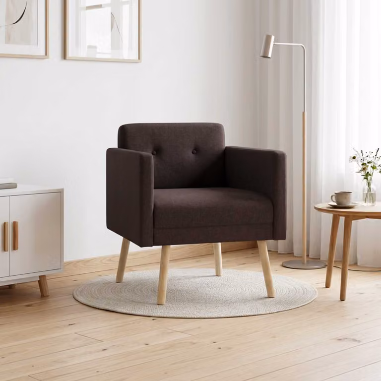 Sedia d'accento moderna vidaXL in tessuto marrone con braccioli e struttura in legno
