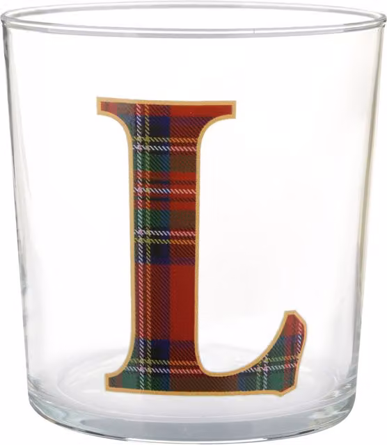 Bicchiere tumbler a forma di lettera L KASANOVA in vetro con motivo tartan rosso, 360 ml