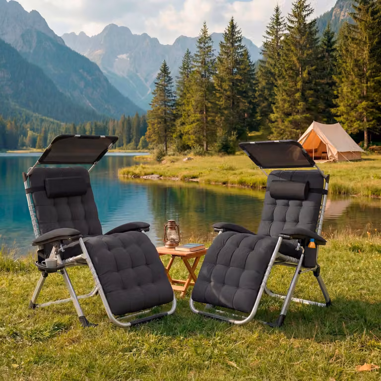 Set di 2 Lettini Prendisole Cloud II TecTake con Tettuccio Parasole, Poggiatesta Regolabile e Braccioli, Nero