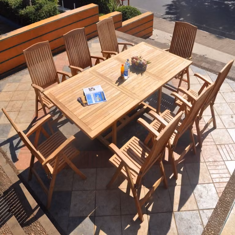 Sitzgruppe Teak 8 Klappstühle Bari + Ausziehtisch Parma 180-240 x100cm
