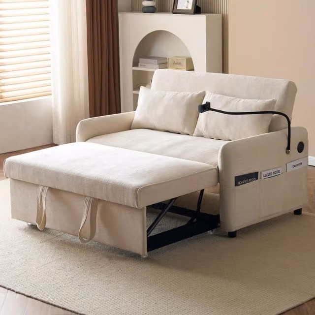 Divano letto estraibile MIVRAY a 2 posti in tessuto beige con schienale regolabile, porte USB e cuscini inclusi, dimensioni letto 140 x 200 cm