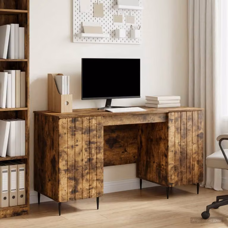 Scrivania moderna vidaXL in legno e metallo color marrone L: 142,5 cm, P: 50 cm, H: 75 cm
