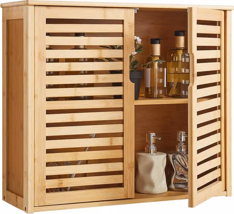 Mobile da bagno a parete, 2 ante e ripiano regolabile con 3 livelli di altezza, armadietto porta medicinali da appendere sopra il WC, organizer da appendere con ripiani per lavanderia, cucina e bagno