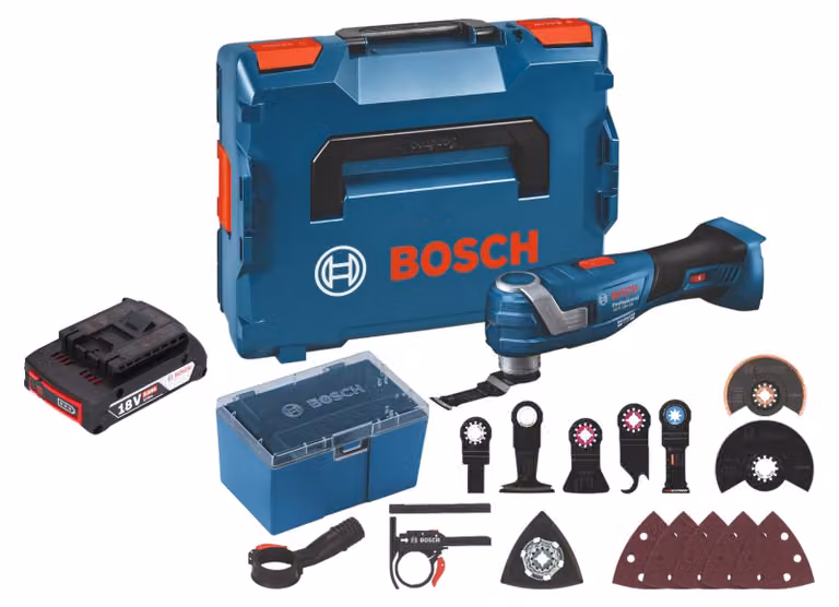 Bosch GOP 18V-34 Multi Cutter professionale a batteria 18 V Starlock Plus + 1x batteria 2,0 Ah + 17 pz. accessori + L-Boxx - senza caricatore