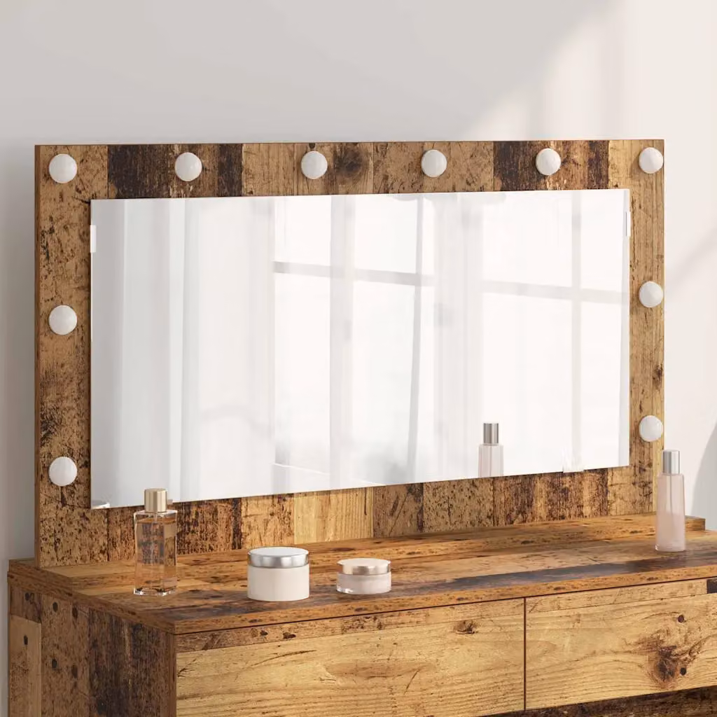 Specchio da vanità rettangolare vidaXL con luce LED in legno e vetro, colore marrone, L 100 cm x H 55 cm x P 18 cm