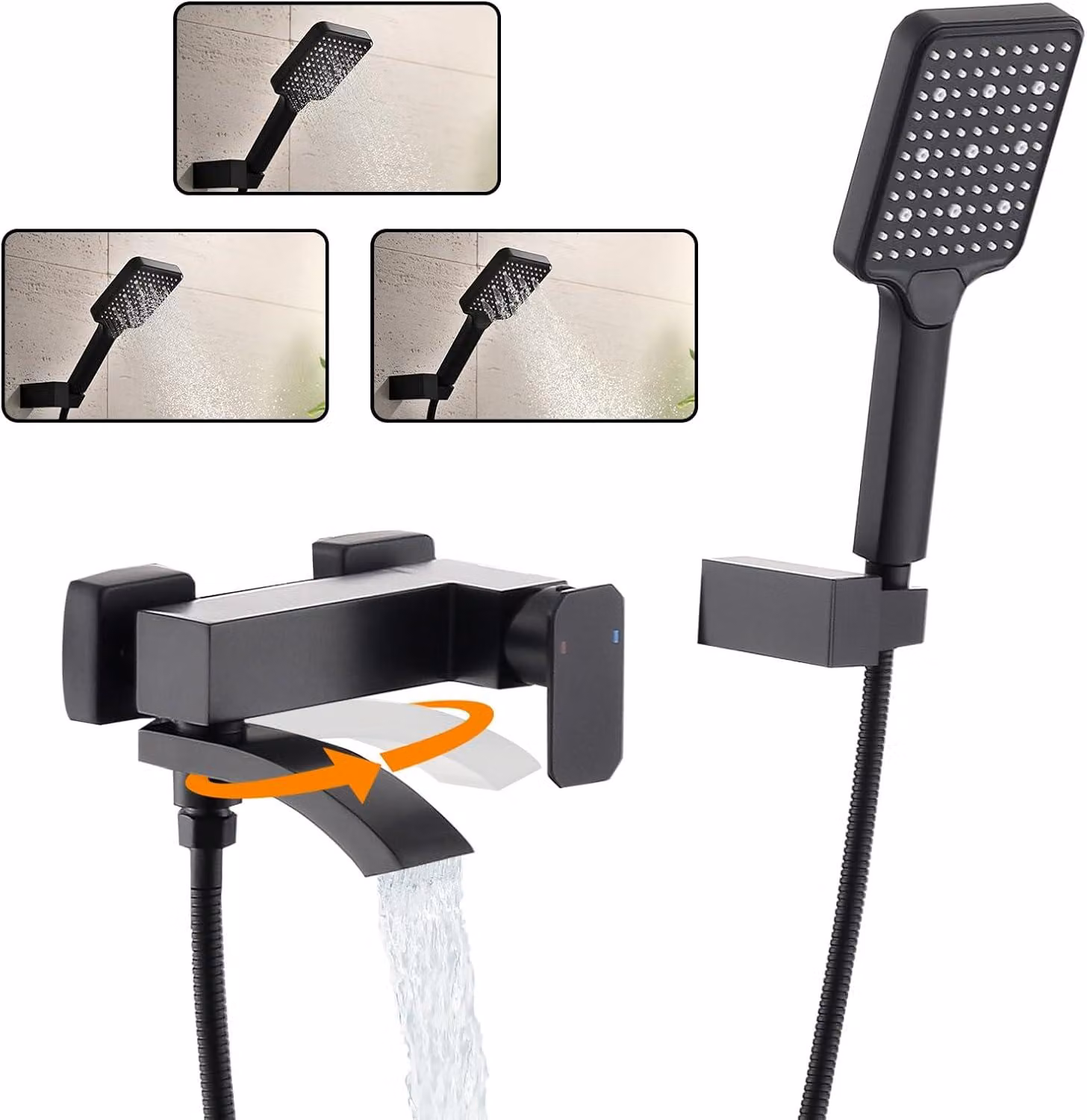 Miscelatore monocomando nero, modello a cascata, orientabile a 90°, con 3 funzioni, per il bagno