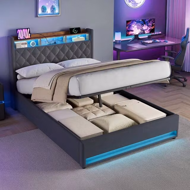 Letto matrimoniale imbottito 140 × 190 cm in velluto con testiera, senza materasso, grigio scuro