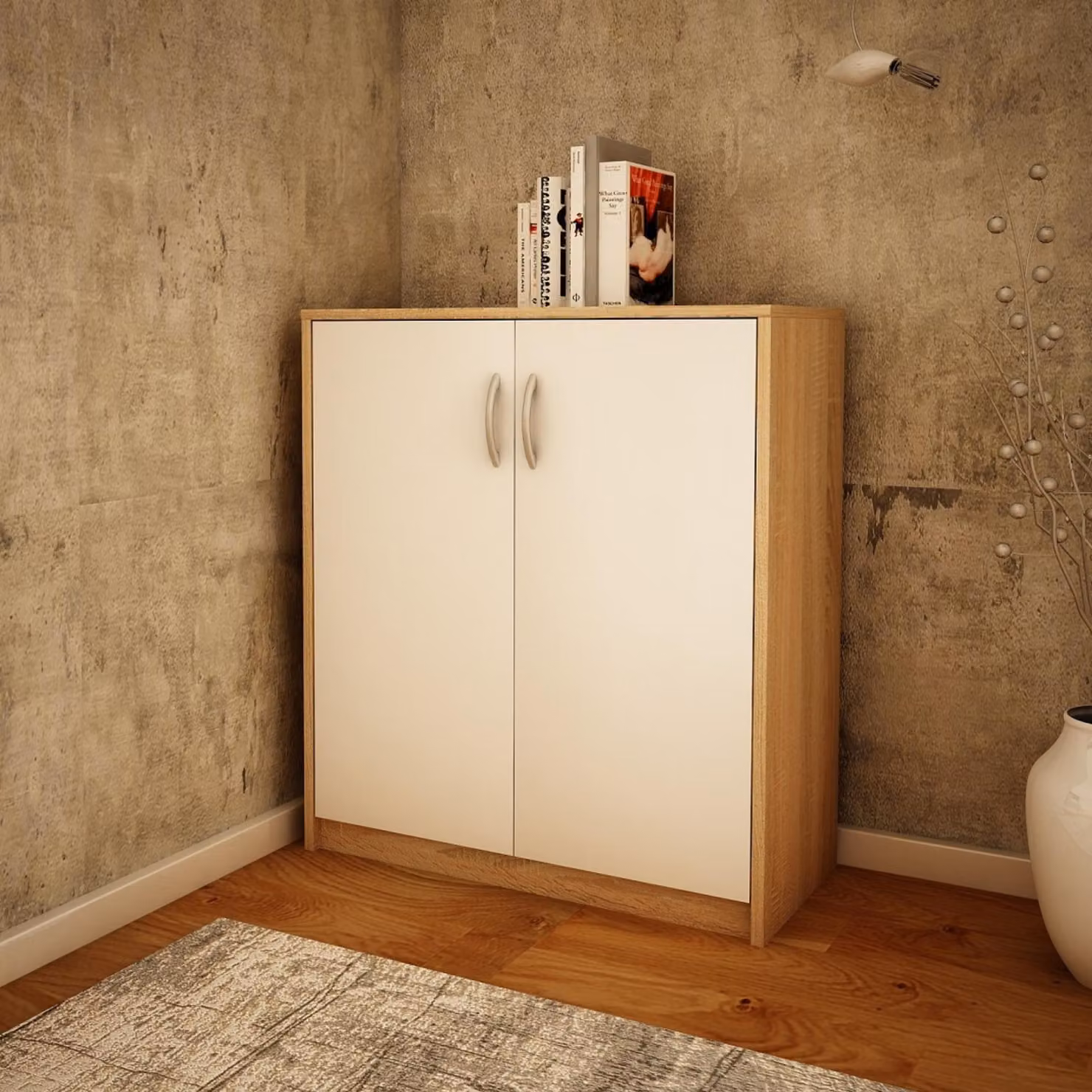 Comodino largo 74 cm, finitura opaca, ampio spazio di stoccaggio. Mobiletto contenitore con maniglie in polimero di alta qualità, colore bianco Sonoma