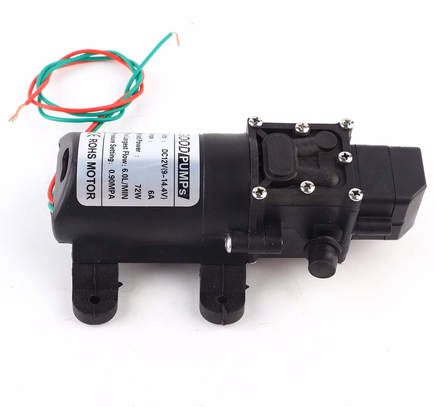 Pompe a membrana 12V, 72W, autoadescanti, con portata di 6 litri al minuto e pressione massima di 0,9 MPa