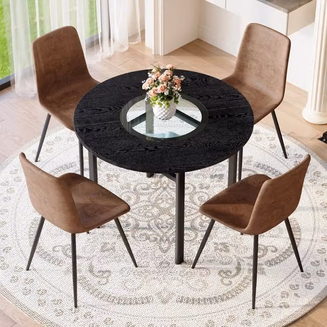 Set tavolo e sedie con tavolo rotondo e 4 sedie ergonomiche, in MDF, vetro, metallo e tessuto marrone e nero