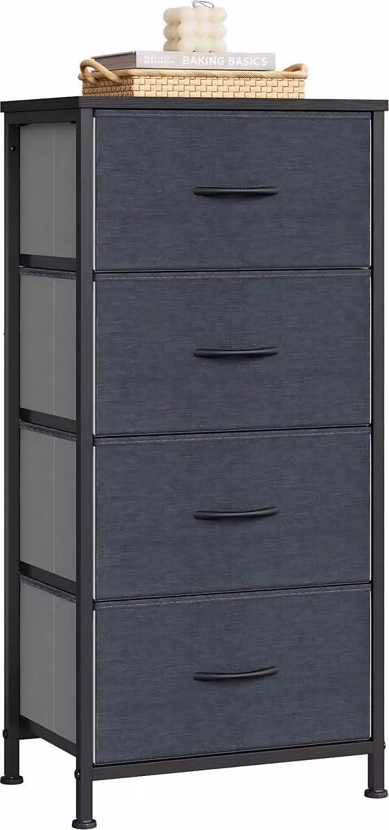 Cassettiera stretta con 4 cassetti in tessuto - Mobile contenitore - Cassettiera - Per camera da letto o soggiorno - Contenitore e organizzatore di tessuti - Indipendente - 45 × 94,5 × 30 cm - Nero