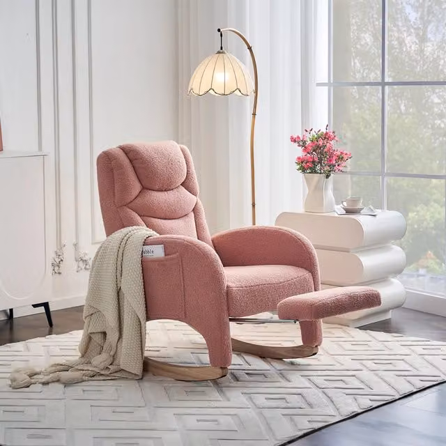 Poltrona dondolo relax imbottita ¨C Minimal ¨C rosa velluto, per soggiorno e camera, braccioli, portata 110kg