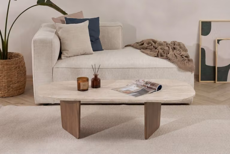 Skye Decor, tavolino di alta qualità, travertino e noce, 130 x 40 x 65 cm | Pannello truciolare rivestito al 100% in melamina, spessore 18 mm | Design moderno ed elegante per la tua casa.