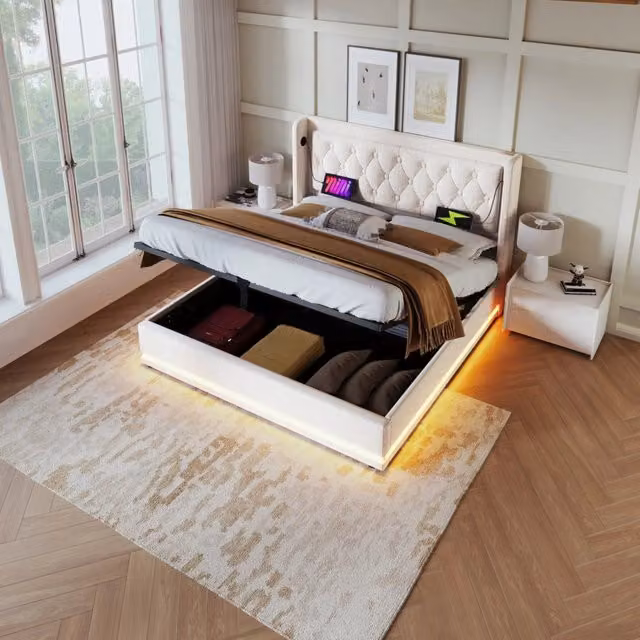 Letto matrimoniale 180x200 cm con contenitore; LED e USB-C; cotone beige