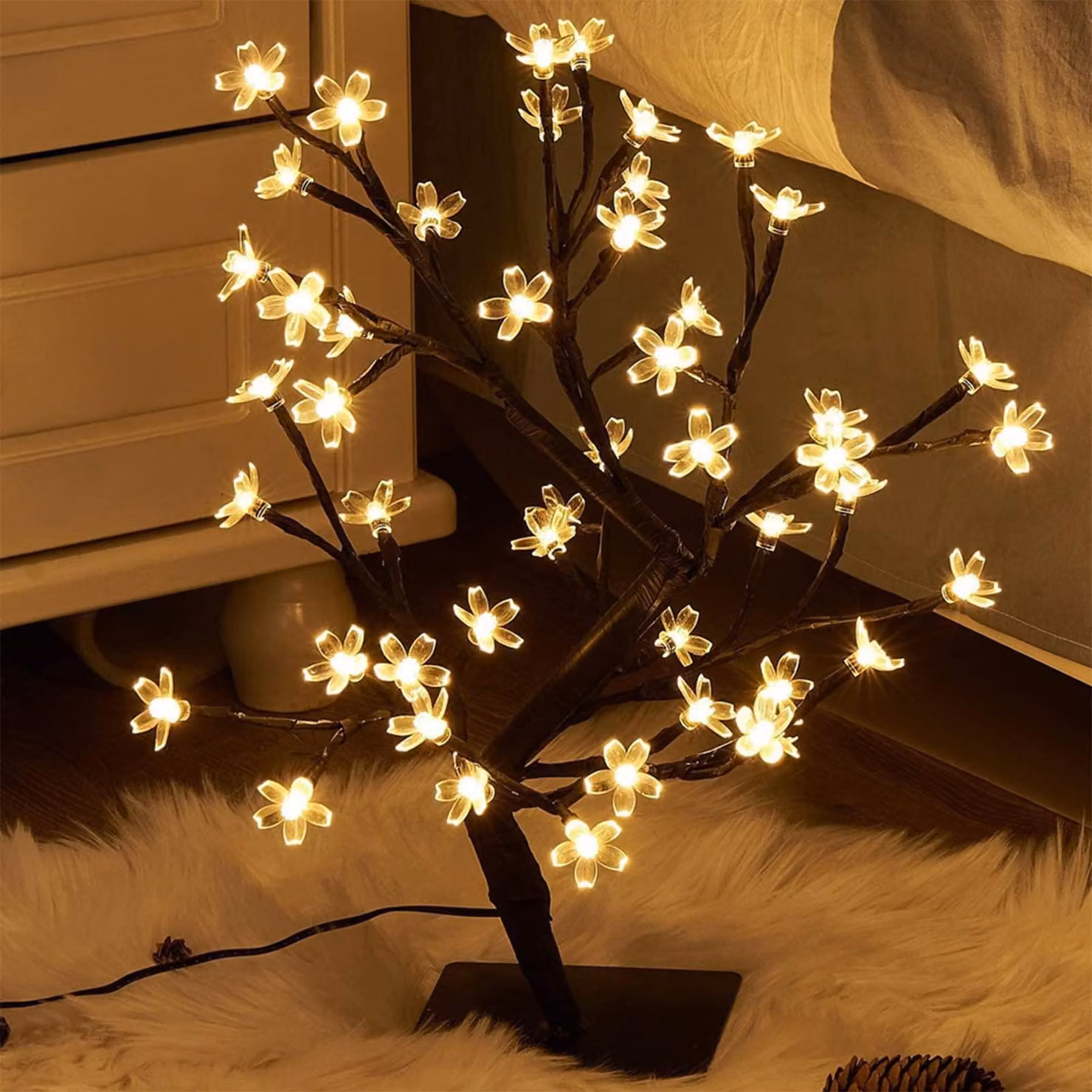 Albero di ciliegio illuminato a LED, 48 LED, luce bianco caldo, dimensioni 30 x 52 cm, alimentazione tramite USB o batterie