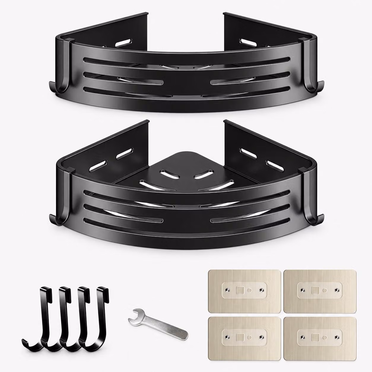 Mensola angolare autoadesiva per doccia, 2 pezzi, 30,5 cm, mensole da bagno in alluminio senza foratura, organizer da parete con 4 ganci, colore nero