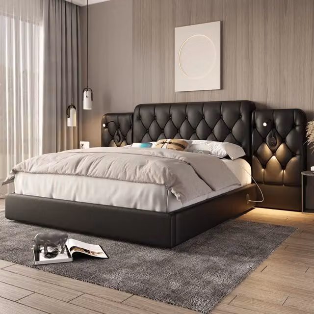 Letto con testiera lunga - Zephmum - 160 x 200 cm - Nero - Materiale velluto, USB, lampada, sistema idraulico, ampio spazio di archiviazione