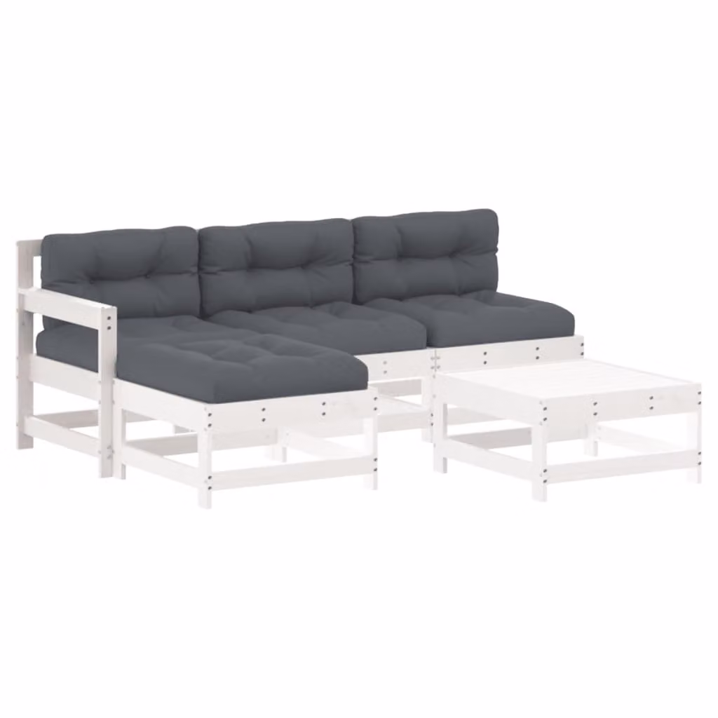 Set Divani da Giardino 5pz con Cuscini in Legno Massello Bianco