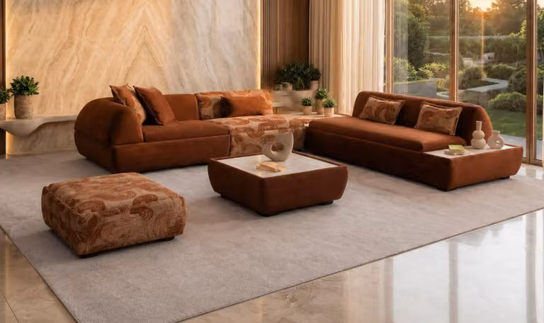 Divano ad angolo a forma di "L", con pouf, tavolino, colore marrone, stile moderno, ideale per il soggiorno, confortevole