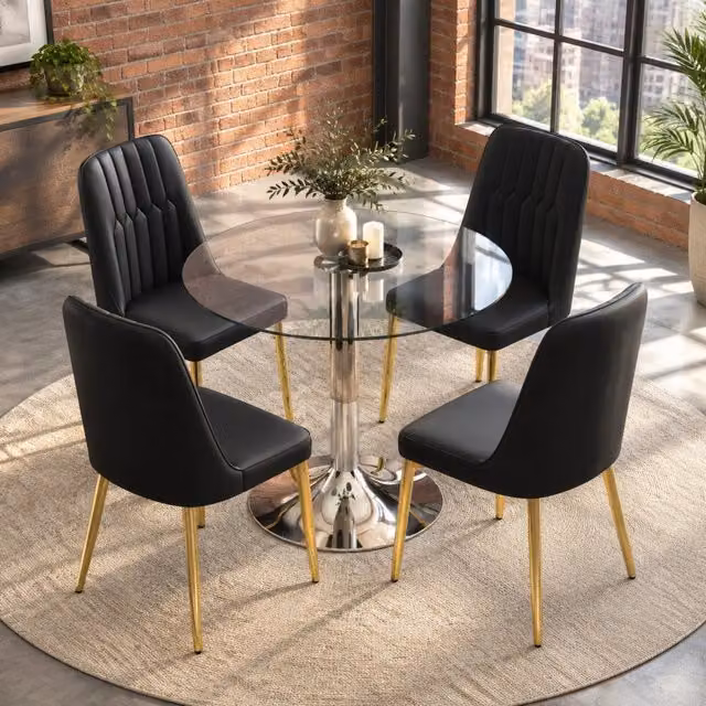 Set tavolo da pranzo e sedie 1 tavolo rotondo e 4 sedie in vetro, metallo e pelle sintetica nero, oro e argento