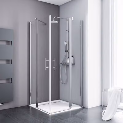 SCHULTE Angolo di accesso con porta a battente, modello Alexa Style 2.0, ExpressPlus, dimensioni 80 x 80 x 192 cm, profilo in alluminio, vetro trasparente, trattamento anti-sporco