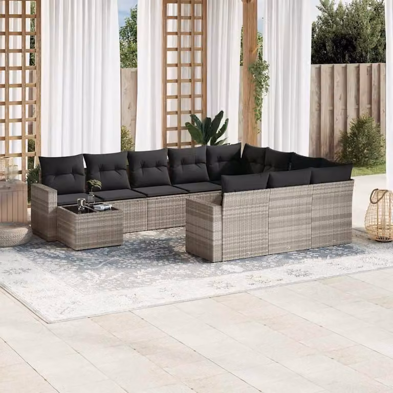 Set di divani da giardino vidaXL 11 pz in polyrattan grigio con cuscini e tavolino da esterno a forma di L