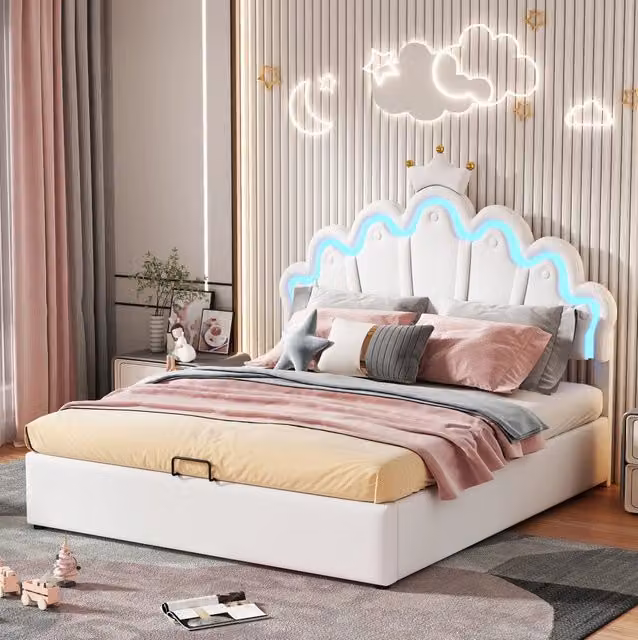 Letto imbottito 140x200 cm con contenitore idraulico e LED regolabili; PU bianco