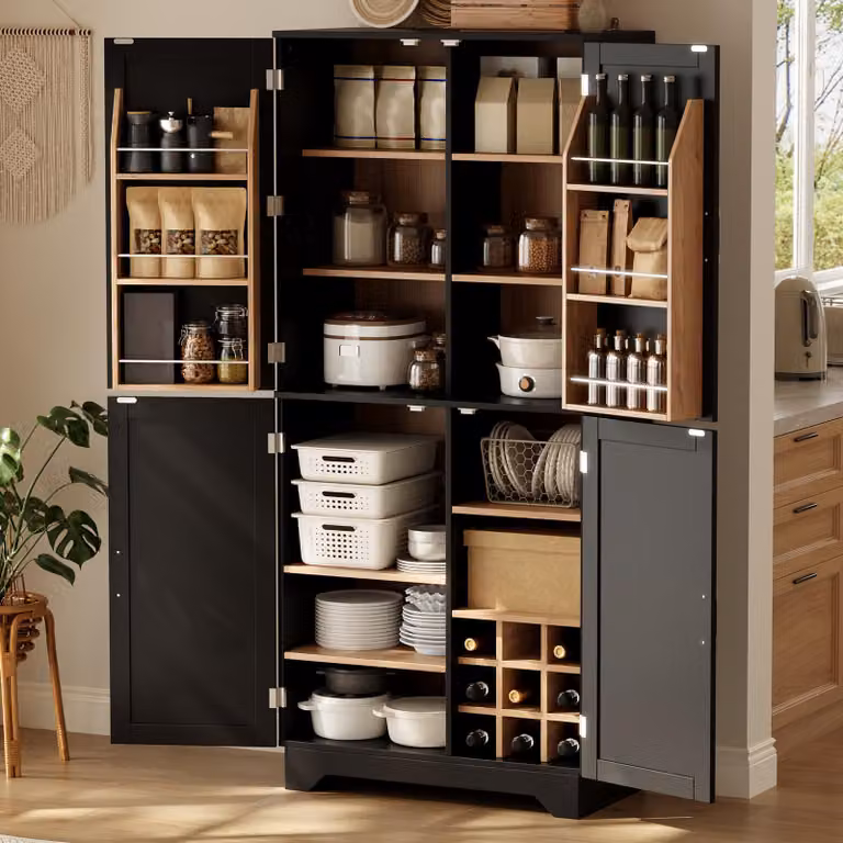 Armadio da cucina Flieks con 4 ante a griglia, mobile contenitore alto con ripiano per bottiglie e ripiano porta, mobiletto contenitore 80x40x180 cm, colore nero