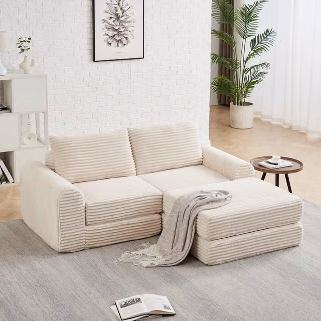 Divano letto modulare con poggiapiedi rimovibile in velluto a coste beige