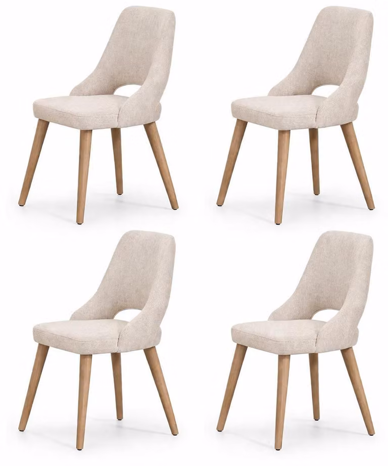 Set di 4 moderne sedie da pranzo con rivestimento in tessuto color beige e gambe in legno di quercia