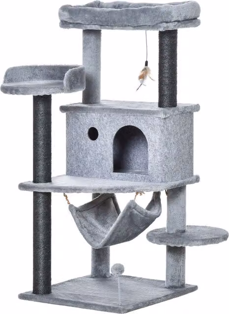 Albero Tiragraffi per Gatti PawHut con Casetta, Amaca e Giochi Integrati, Grigio, L/P/H: 48 x 48 x 107 cm – 1
