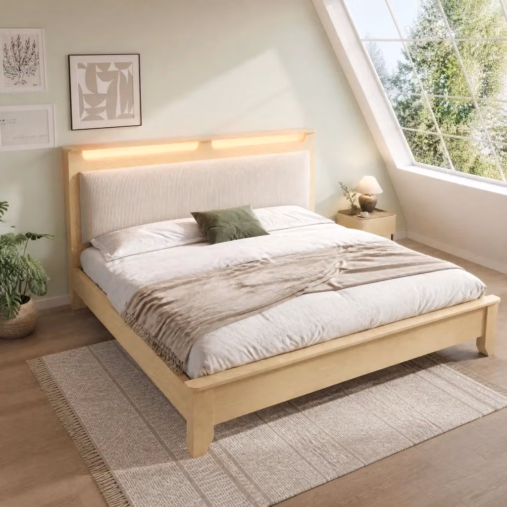 Letto matrimoniale Mivray in rovere e beige con testiera a ripiani e illuminazione LED sottostante, L/P: 180 x 200 cm – 2