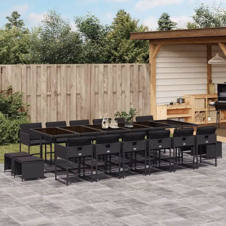 Set da pranzo da giardino vidaXL in polyrattan nero con cuscini e tavolo in vetro, 17 pezzi