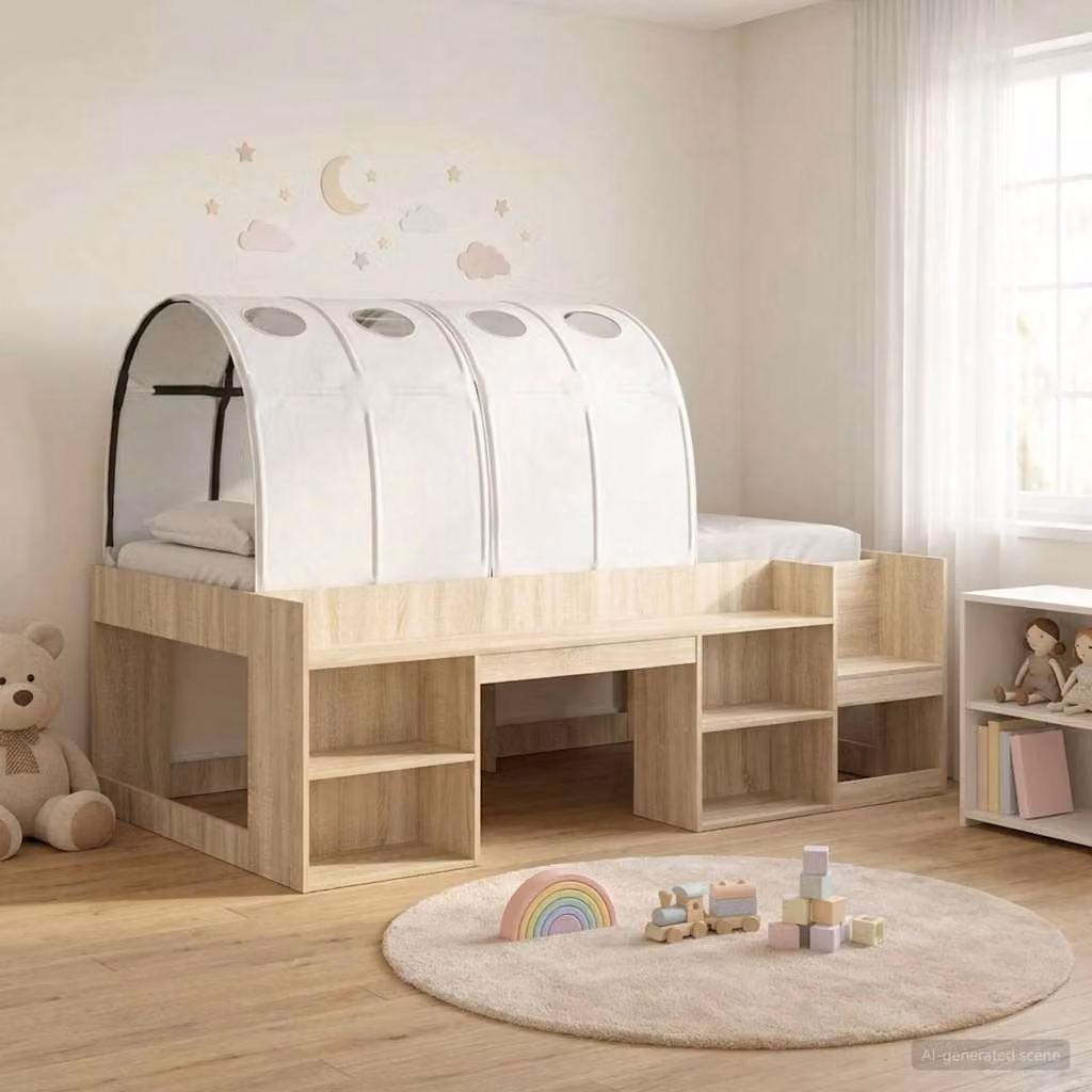 Letto per bambini vidaXL con struttura a casetta, tunnel e scaffale, 3 pezzi, Rovere Sonoma e Bianco, 90 x 190 cm