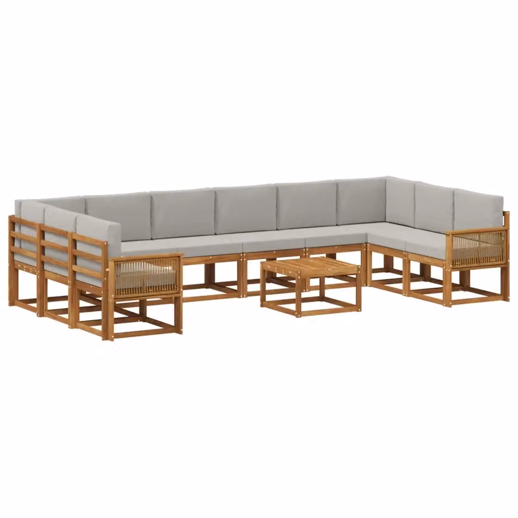 Set di divani da esterno a L con tavolino vidaXL in legno di acacia, 11 pezzi, Beige e Grigio – 2