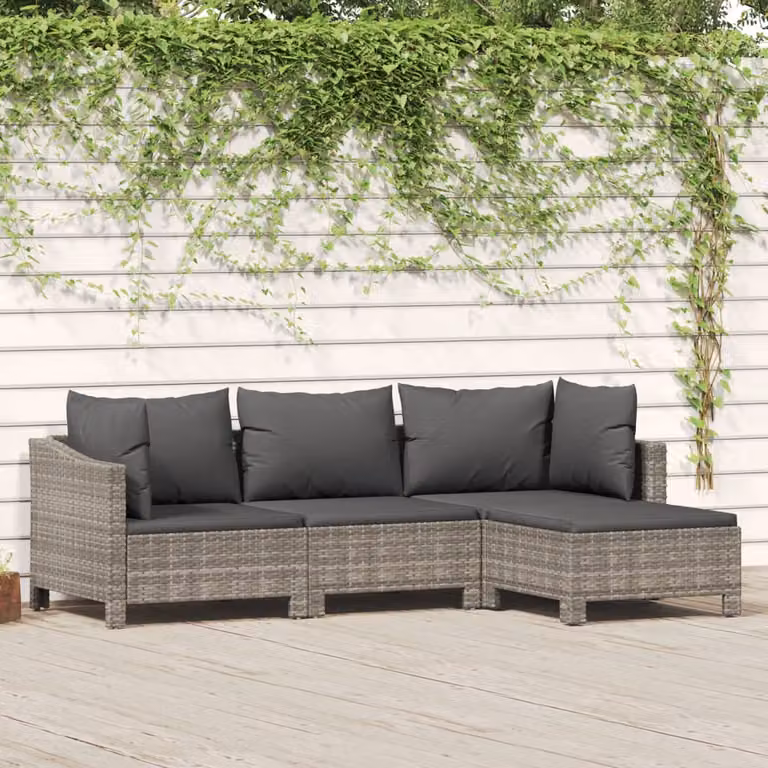Set di divani da giardino vidaXL in rattan grigio con cuscini e pouf, design moderno a L con struttura in metallo e sedute imbottite