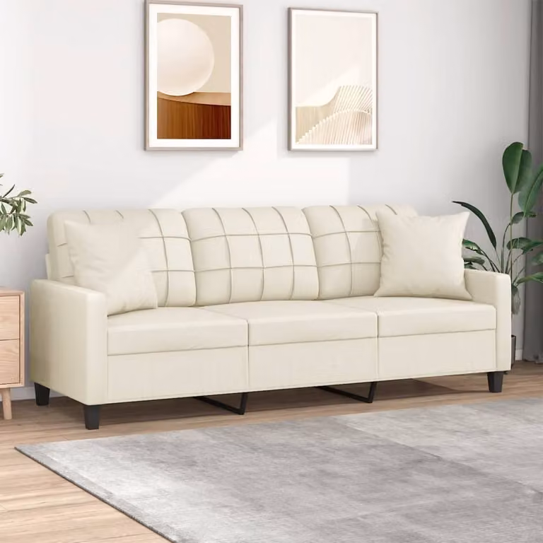 vidaXL Divano a 3 Posti Moderno in Similpelle Beige con Cuscini L: 198 cm, P: 80 cm, H: 77 cm