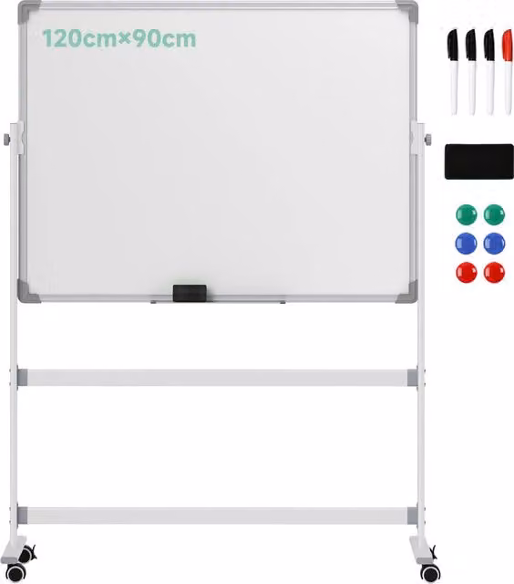 Lavagna Magnetica a 2 Facce Minimal con Ruote Bianca in Alluminio e Acciaio H: 165 cm, L: 127 cm, P: 50 cm