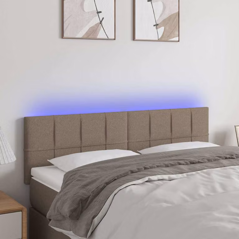 Testiera per letto vidaXL in tessuto tortora con illuminazione LED e porta USB, L 144 cm, P 5 cm, H 78-88 cm