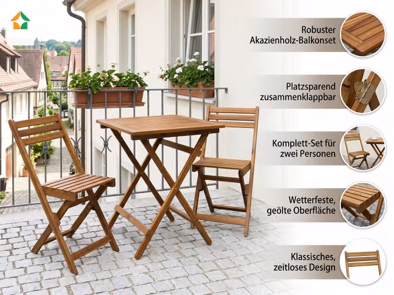 Set di mobili da balcone in legno di acacia, composto da 3 pezzi, pieghevoli